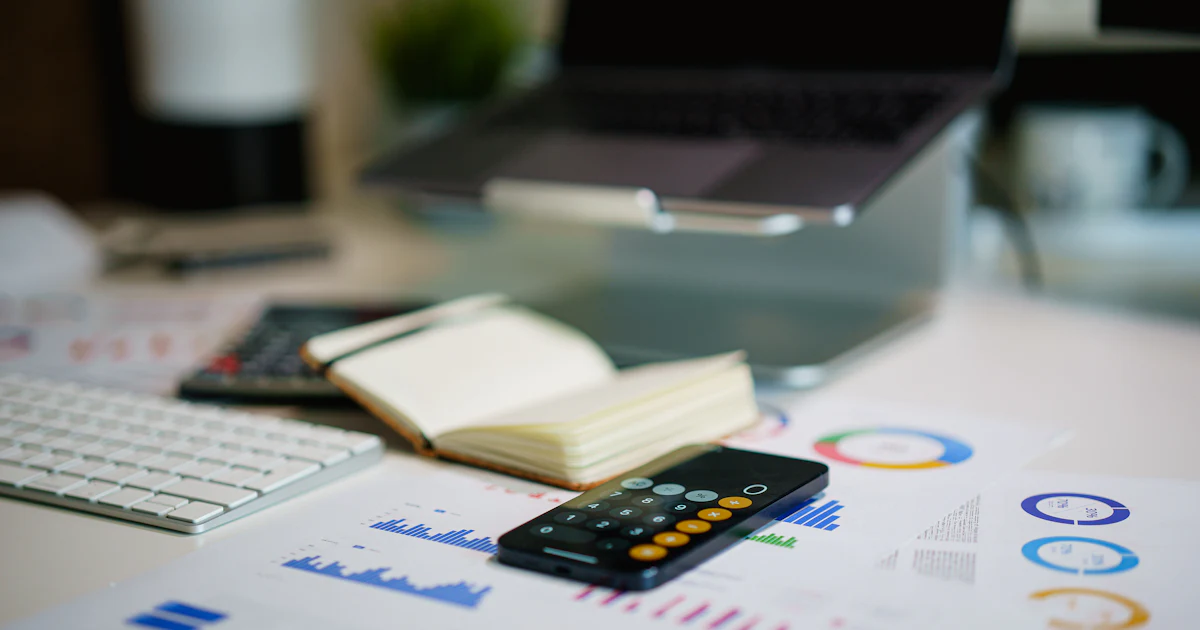 Escritorio de oficina con un teléfono móvil mostrando gráficos financieros junto a documentos con datos numéricos