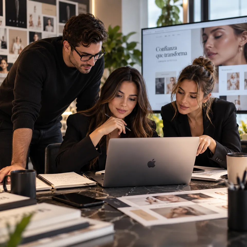 Tres profesionales de marketing trabajan con un portátil en la comunicación de una clínica estética