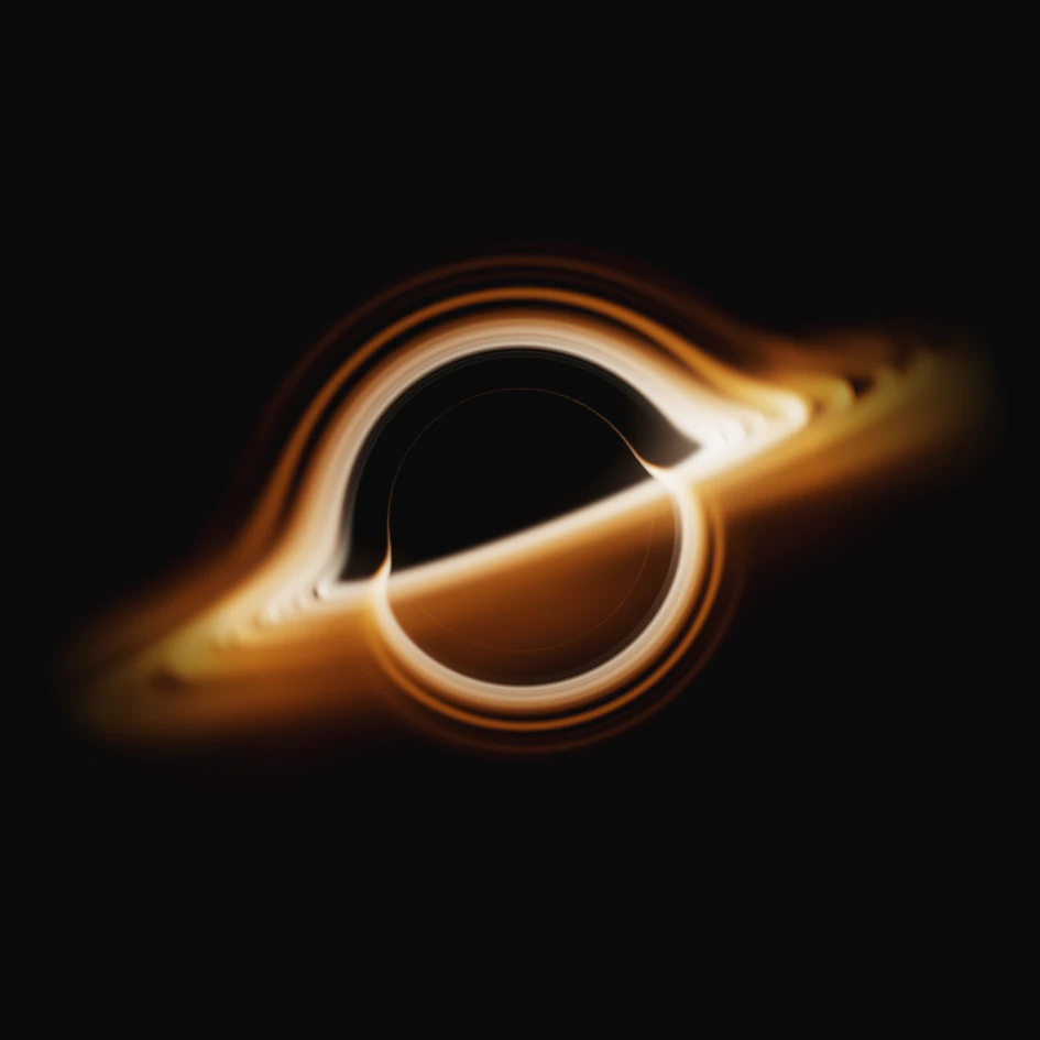 Agujero negro con un disco de acreción ámbar y la luz curvada a su alrededor — representación visual de El Núcleo de Maccam Network